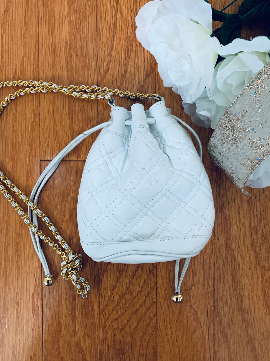 Small Quilted White Drawstring Handbag